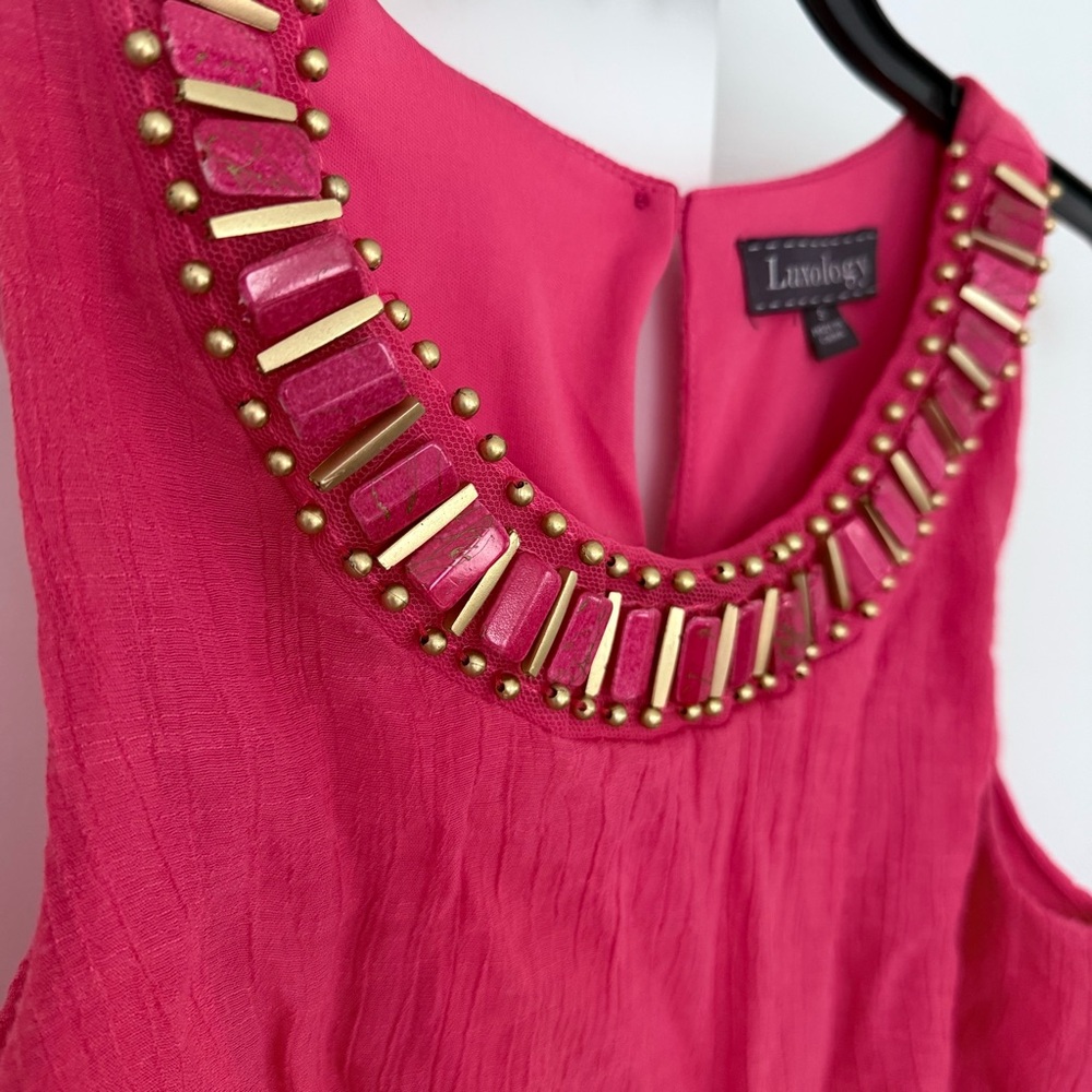 Luxology Beaded Maxi Dress Coral Pink Sleeveless Belted Empire Waist Size S - Picture 3 of 13